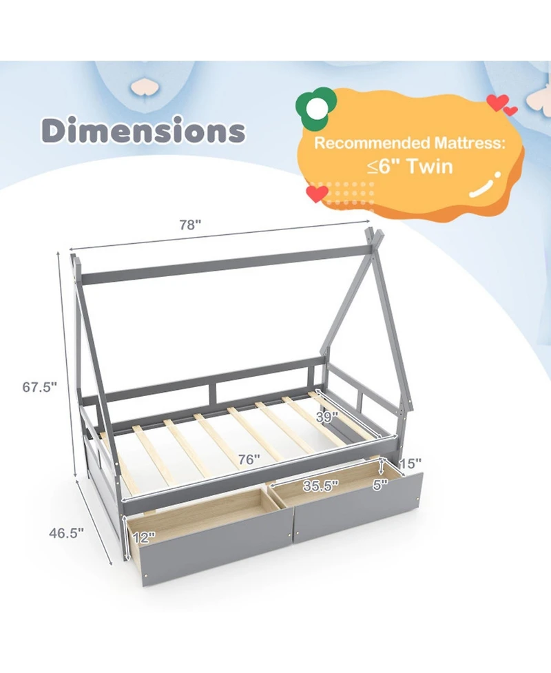 Sugift Twin Size House Bed with Roof and Safety Guardrail
