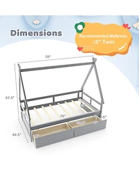 Sugift Twin Size House Bed with Roof and Safety Guardrail