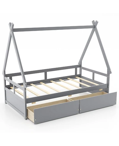 Sugift Twin Size House Bed with Roof and Safety Guardrail