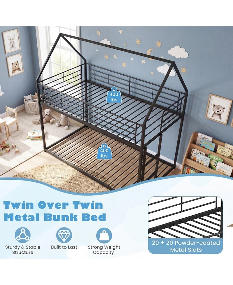 Sugift Twin Over Twin Metal Bunk Bed with Roof and Ladder