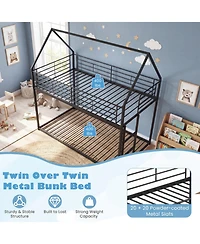 Sugift Twin Over Twin Metal Bunk Bed with Roof and Ladder
