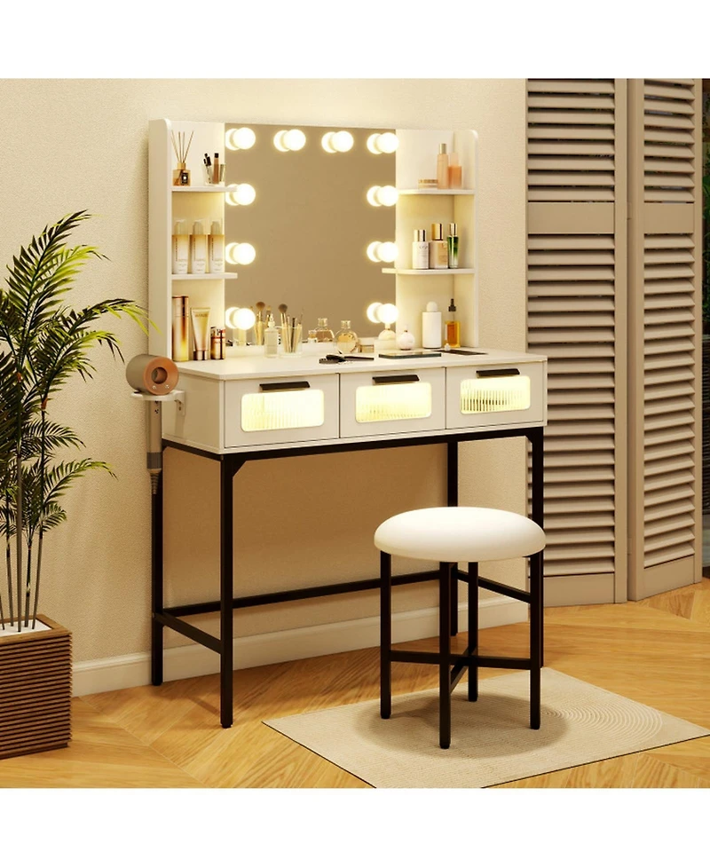 Sugift Makeup Vanity Desk with 10-Bulb Hollywood Mirror Charging Station and Padded Stool