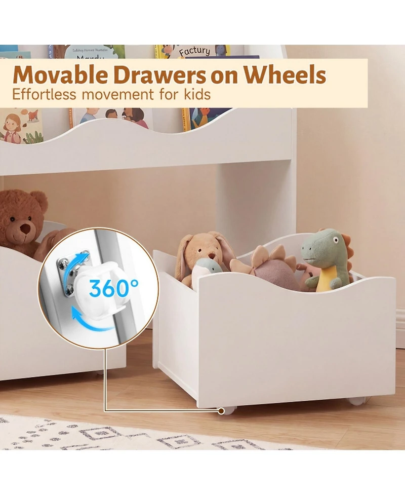 Sugift Kids 3-Tier Bookshelf and Toy Organizer with 2 Rolling Drawers