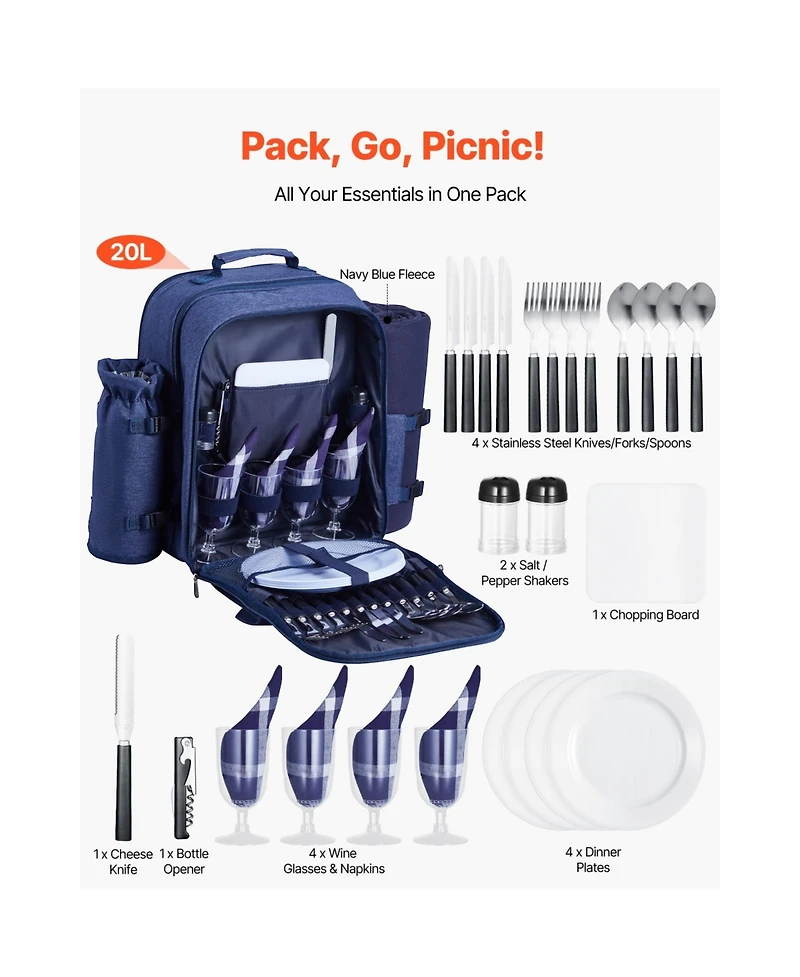 Sugift 4 Person Picnic Backpack with Insulated Cooler Detachable Bottle Holder Blanket Plates Cutlery Set