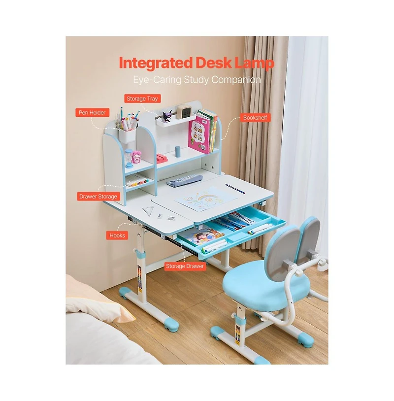 Slickblue Children's Study Desk and Chair Set with Adjustable Height, Bookshelf Tilting Desktop