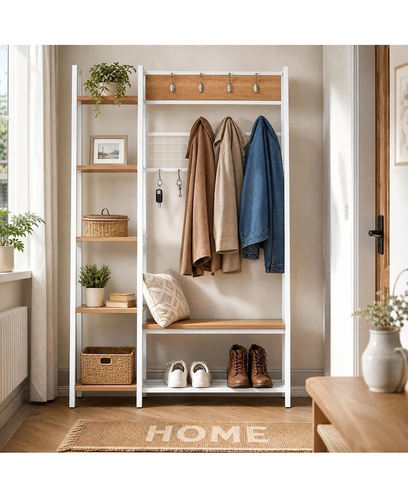 gaomon 4-in-1 Industrial Hall Tree with Shoe Storage and Bench, Entryway Coat Rack with 8 Removable Hooks, Rustic Wood and Metal Frame for Mudroom
