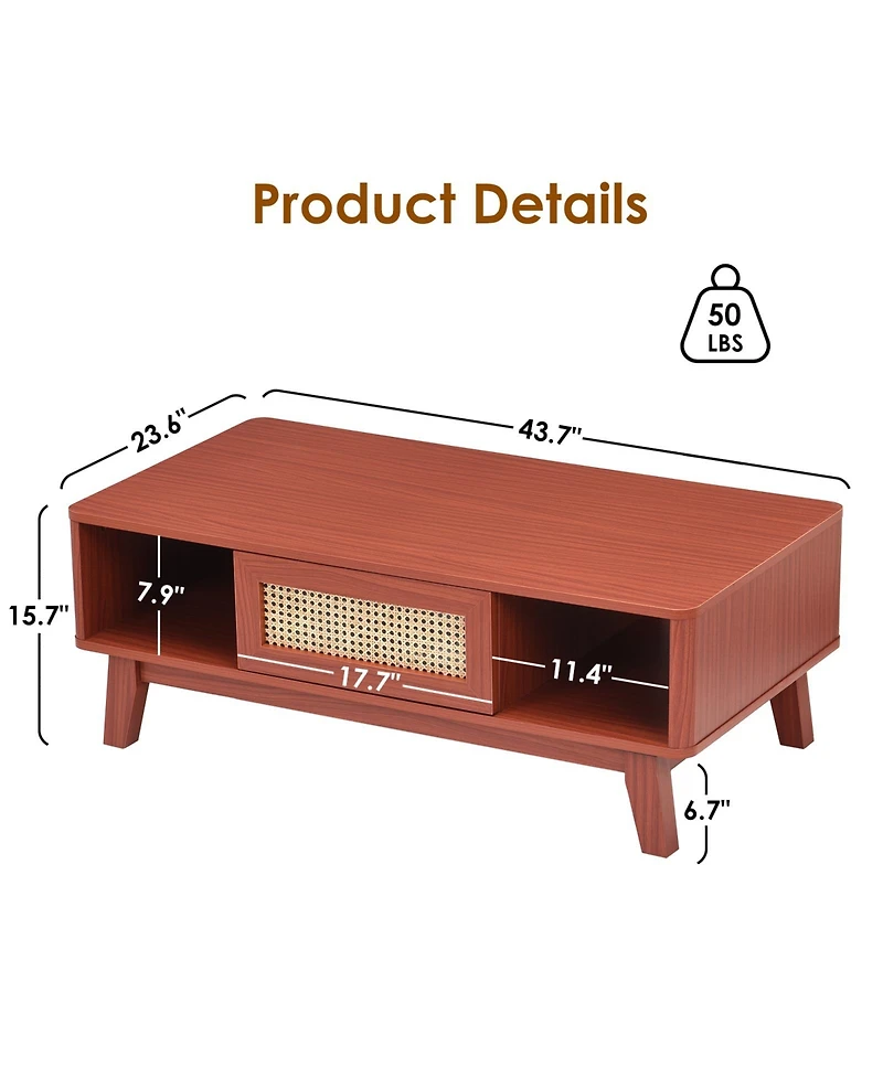Flynama Mid Century Coffee Table Rattan Drawer Solid Wood Leg Storage Table