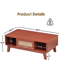 Flynama Mid Century Coffee Table Rattan Drawer Solid Wood Leg Storage Table