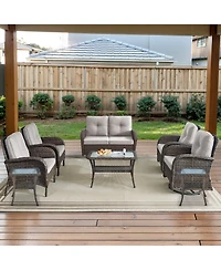 Bellefurn 8-Piece All-Weather Outdoor Wicker Family Conversation Set with Glider Loveseat, Arm Chairs, Swivel Rocking Chairs and Tables