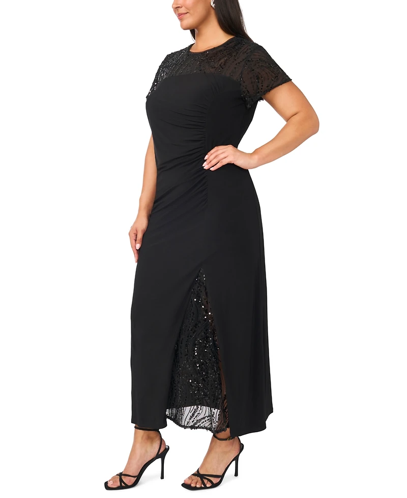 Msk Plus Beaded Mesh Side Ruched Short-Sleeve Gown