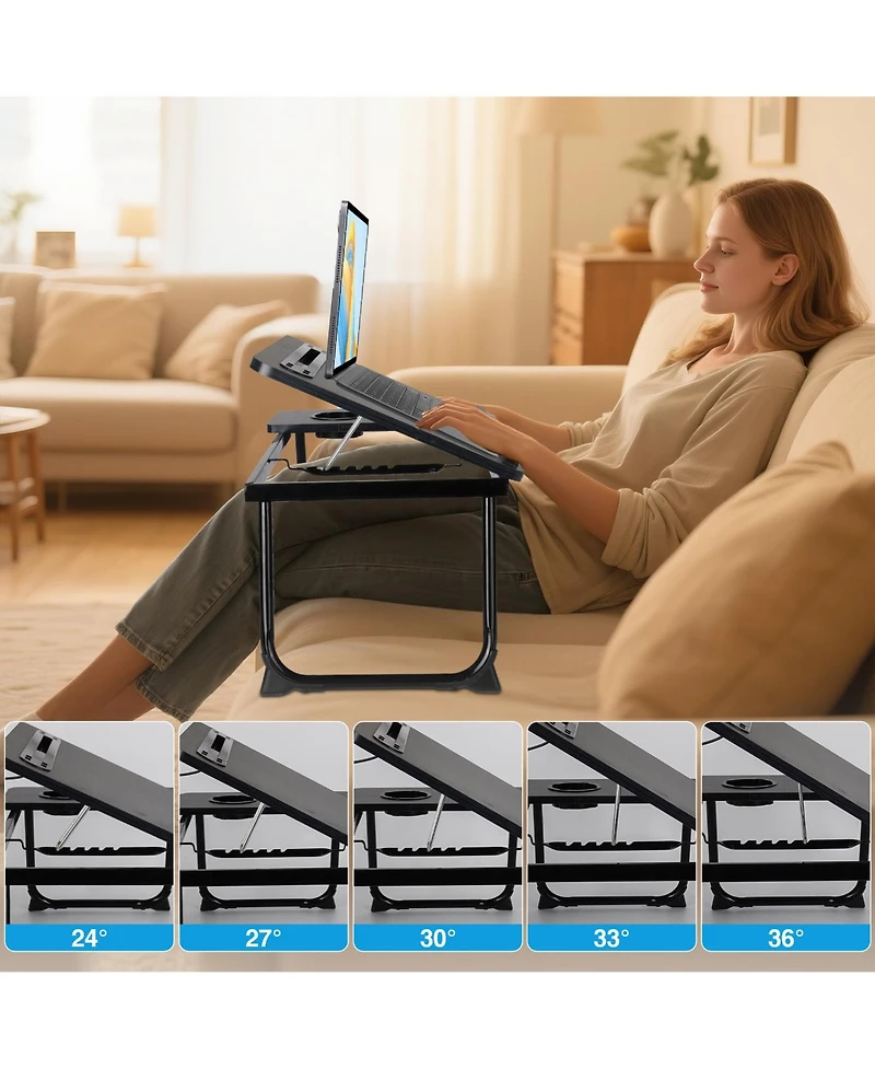 Gnuadz Laptop Bed Desk Adjustable Lap Table Charge Port Cup Holder Foldable Tray