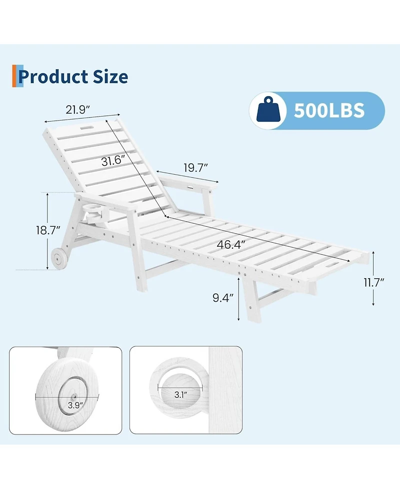 homfan Set of 2 Hdpe Chaise Lounge Chairs with 5-Position Backrest, Cup Holder and Wheels