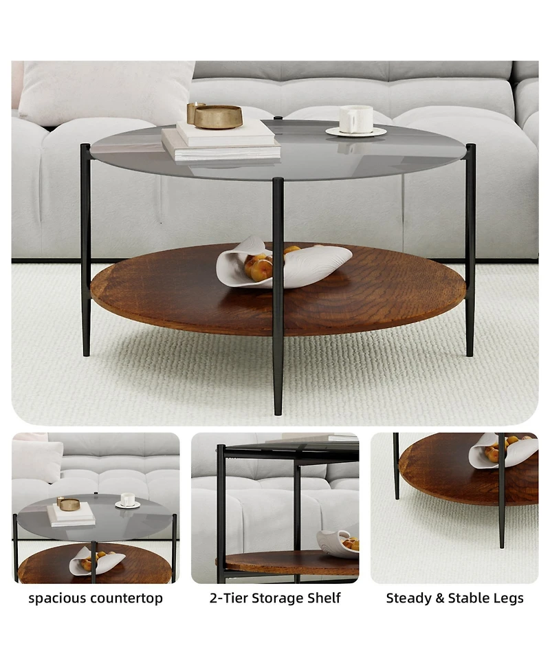 Flynama Mid Century Round Coffee Table Glass Top Wood Shelf Metal Frame Living Room Table