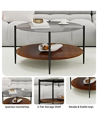 Flynama Mid Century Round Coffee Table Glass Top Wood Shelf Metal Frame Living Room Table