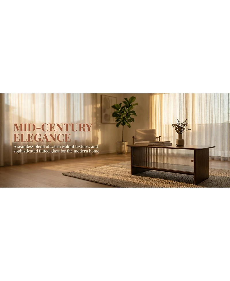 Flynama 47" Rectangular Coffee Table with Fluted Glass Doors