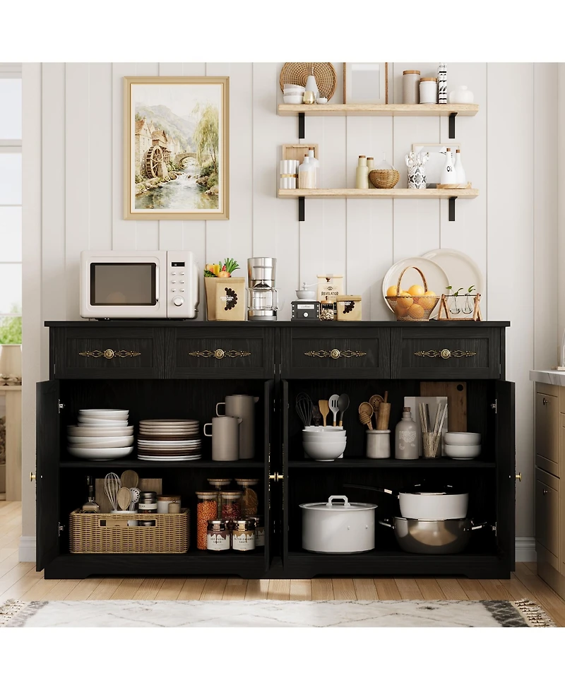 gaomon Storage Cabinet with 4 Doors and Drawers, Farmhouse Buffet Sideboard Gold Handles, Modern Entryway Console Table for Living Room