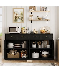 gaomon Storage Cabinet with 4 Doors and Drawers, Farmhouse Buffet Sideboard Gold Handles, Modern Entryway Console Table for Living Room