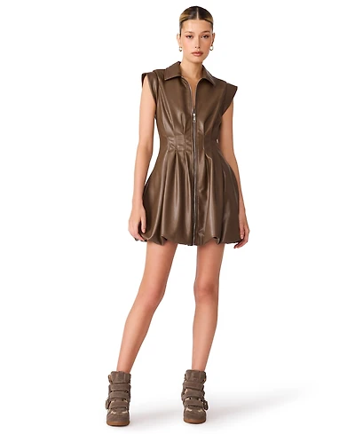 Steve Madden Women's Dyanne Sleeveless Collared Bubble-Hem Faux Leather Mini Dress