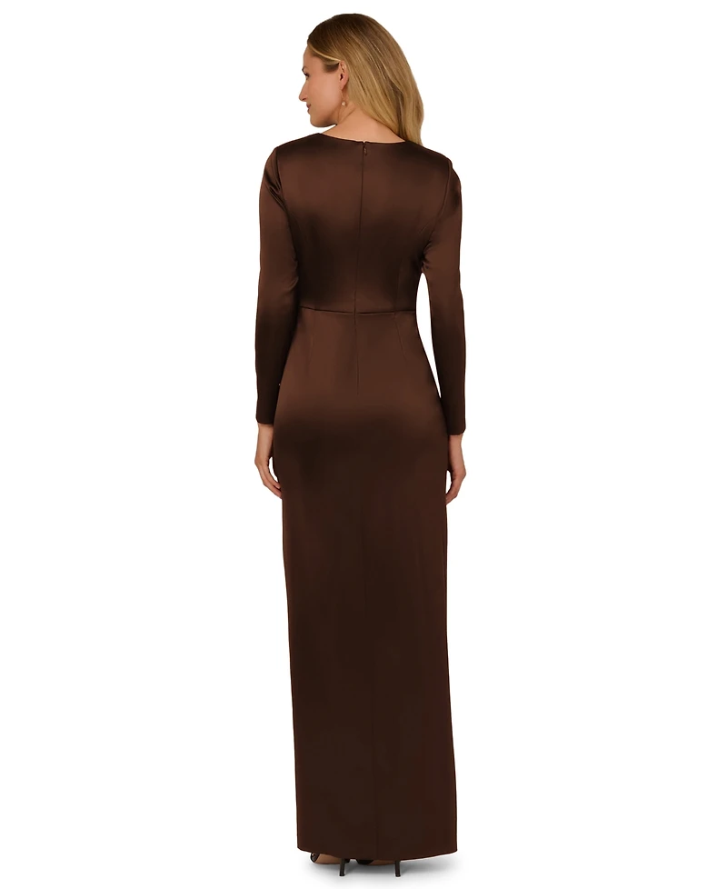 Adrianna Papell Women's Long-Sleeve Ruffle Bow Boat Neck Dress