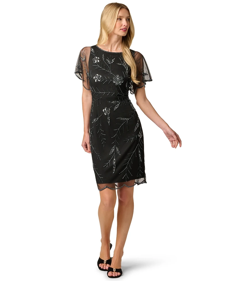 Adrianna Papell Women's Sheer-Flutter-Sleeve Floral-Print Beaded Dress