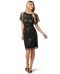 Adrianna Papell Women's Sheer-Flutter-Sleeve Floral-Print Beaded Dress