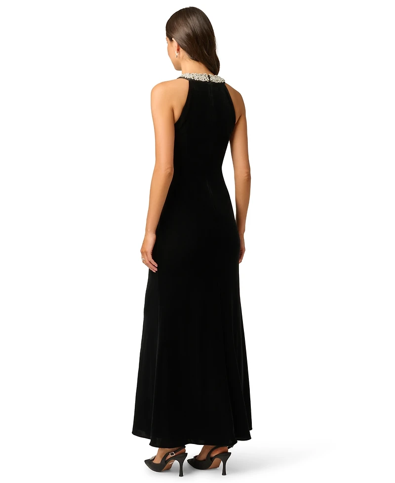 Adrianna Papell Women's Pearly Collar Velvet Halter Gown