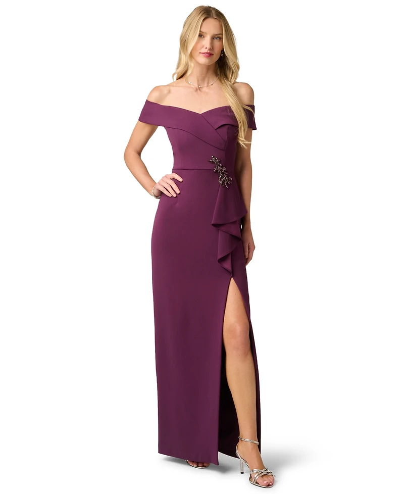 Adrianna Papell Women's Off-the-Shoulder Column Ruffle Gown