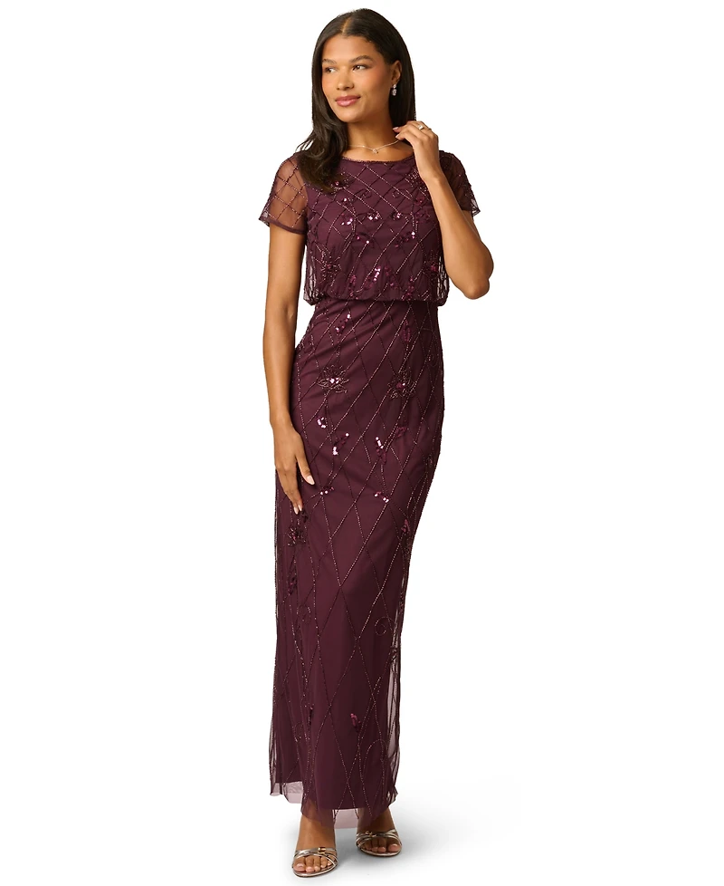 Adrianna Papell Women's Bead Blouson Boat Neck Short-Sleeve Long Dress