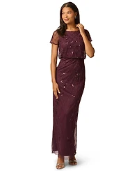 Adrianna Papell Women's Bead Blouson Boat Neck Short-Sleeve Long Dress