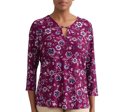 Jones New York Petite Floral V-Neck 3/4-Sleeve Blouse