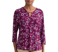 Jones New York Petite Floral V-Neck 3/4-Sleeve Blouse