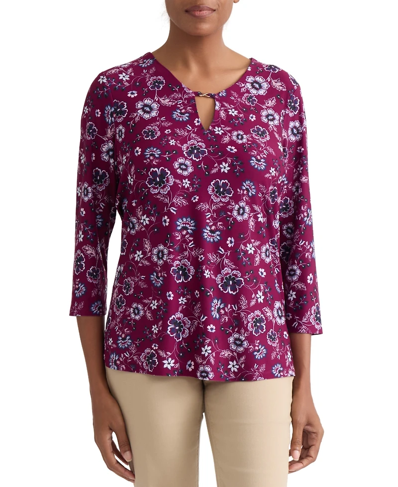 Jones New York Petite Floral V-Neck 3/4-Sleeve Blouse