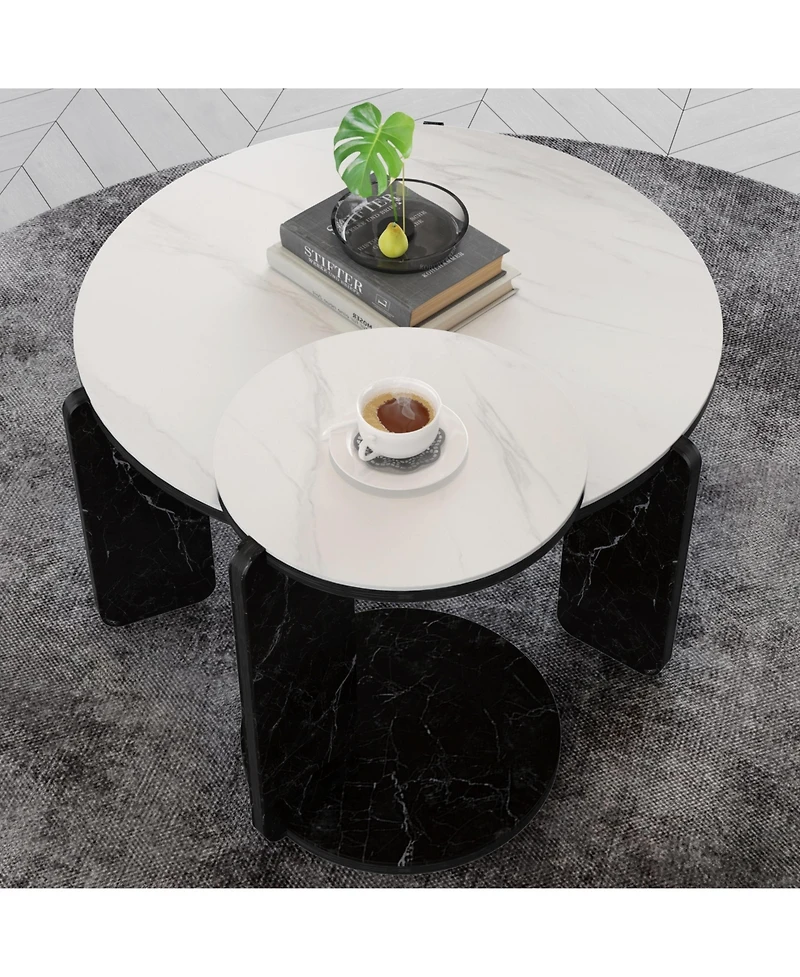 Flynama Set of 2 Round Nesting Coffee Tables, Sintered Stone Top and Mdf Frame, 32.68"+16.93" for Small Spaces