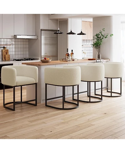 Bar Stools Set of 4 - Modern Lambswool Upholstered Counter Height Chairs with Backrest and Arms, Sturdy Black Metal Frame for Kitchen Island