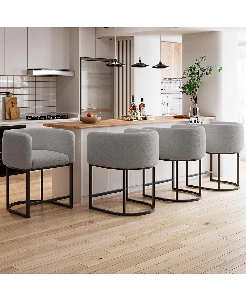 Bar Stools Set of 4 - Modern Lambswool Upholstered Counter Height Chairs with Backrest and Arms, Sturdy Black Metal Frame for Kitchen Island