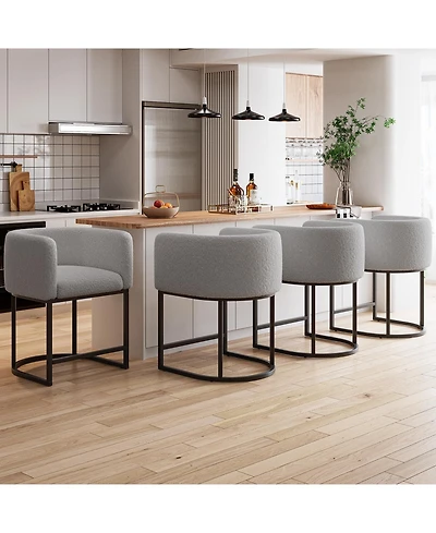 Bar Stools Set of 4 - Modern Lambswool Upholstered Counter Height Chairs with Backrest and Arms, Sturdy Black Metal Frame for Kitchen Island