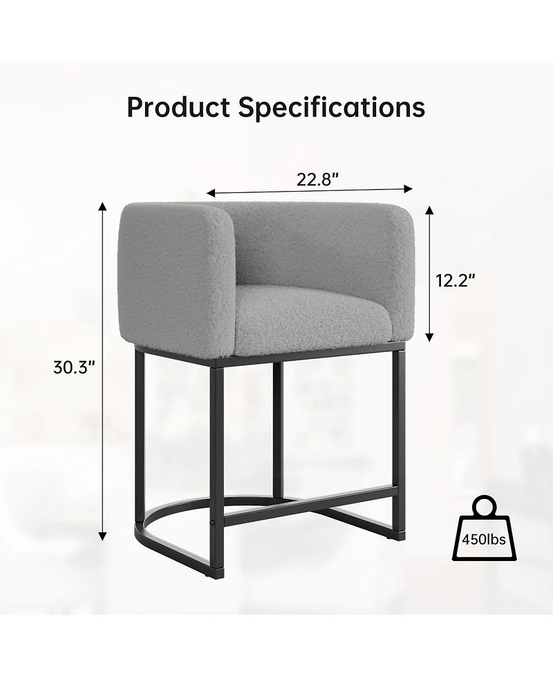 Bar Stools Set of 4 - Modern Lambswool Upholstered Counter Height Chairs with Backrest and Arms, Sturdy Black Metal Frame for Kitchen Island