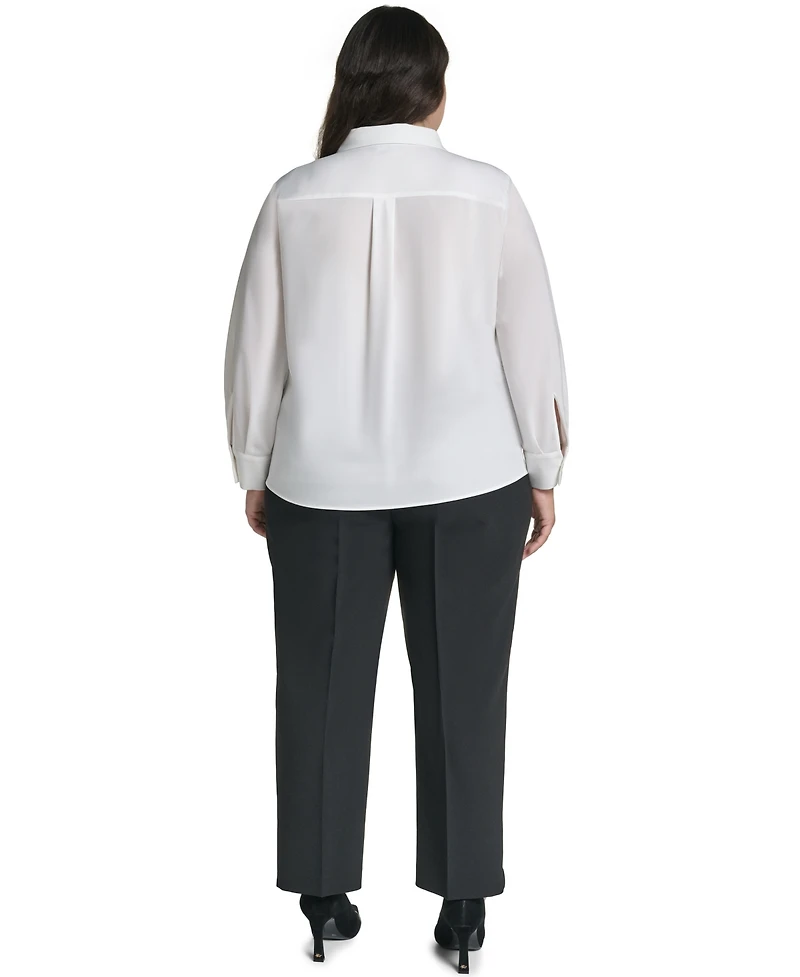 Karl Lagerfeld Paris Plus Long-Sleeve Collared Pleated Blouse