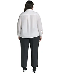 Karl Lagerfeld Paris Plus Long-Sleeve Collared Pleated Blouse