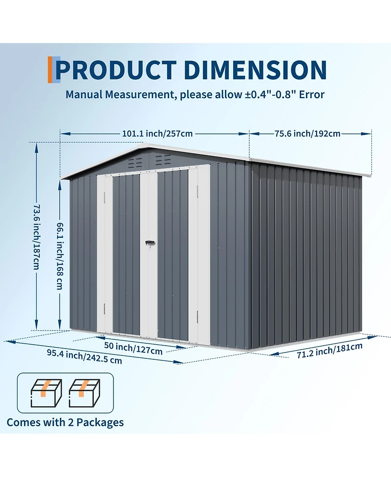 8 x 6 ft Outdoor Storage Shed with A-Frame Roof and Double Hinged Doors, Iron Tool House for Backyard Garden Patio, Gray
