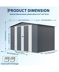 8 x 6 ft Outdoor Storage Shed with A-Frame Roof and Double Hinged Doors, Iron Tool House for Backyard Garden Patio, Gray