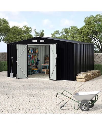 8x10 Ft Outdoor Storage Shed, Heavy Duty Galvanized Steel Tool Room for Patio Backyard Garden Equipment Storage, Grey/Brown