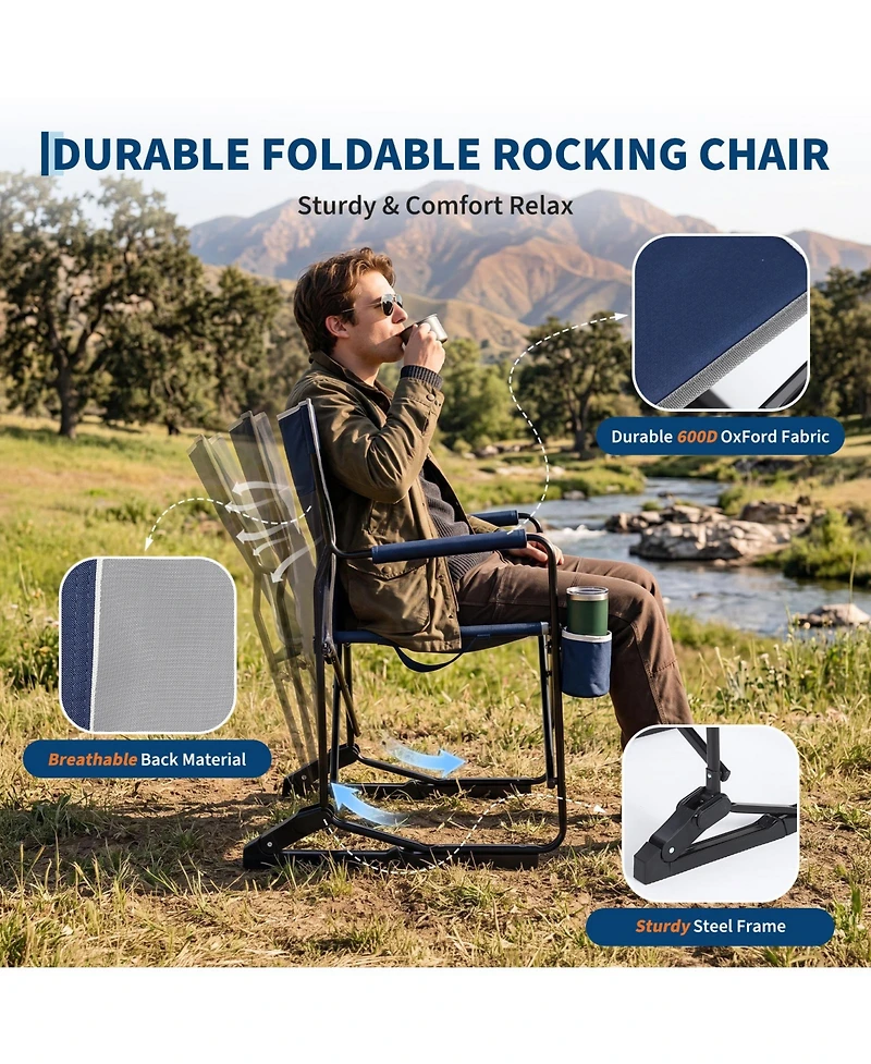 Portable Folding Rocking Camping Chair with Cup Holder, Breathable Backrest