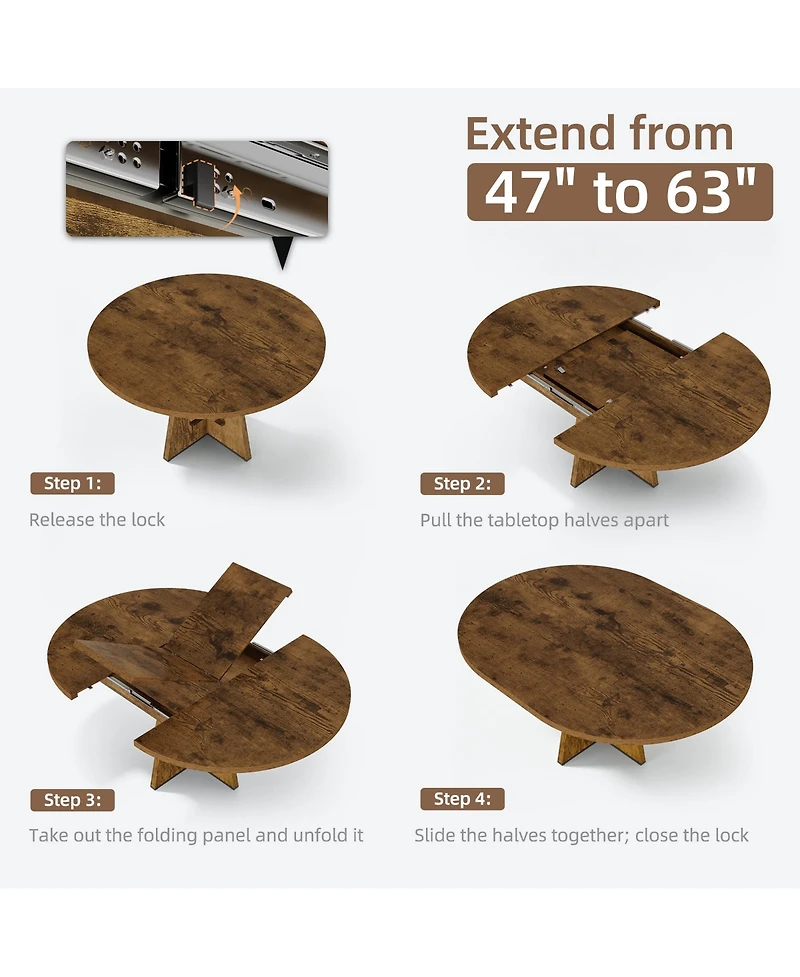 47-63 Inch Extendable Round to Oval Farmhouse Dining Table with Wood Cross Base, Seats 4-8,Brown
