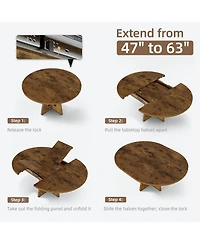 47-63 Inch Extendable Round to Oval Farmhouse Dining Table with Wood Cross Base, Seats 4-8,Brown