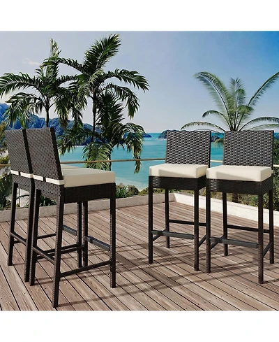 Outdoor Wicker Bar Stools Set of 4 with Cushion, Counter Height Patio Bar Chairs with Backrest, Footrest, Metal Frame for Backyard, Poolside, Garden