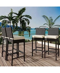Outdoor Wicker Bar Stools Set of 4 with Cushion, Counter Height Patio Bar Chairs with Backrest, Footrest, Metal Frame for Backyard, Poolside, Garden