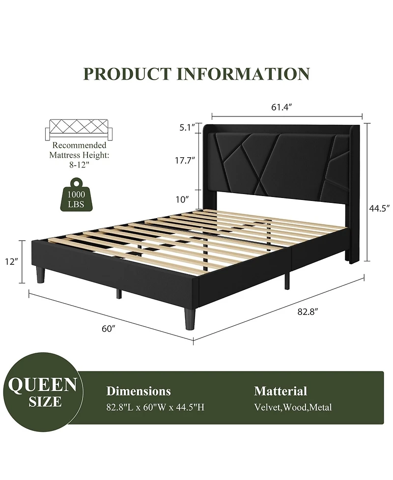 Bed Frame with Storage Headboard and Charging Station | Wingback Velvet Upholstered Platform Bed Frame, Solid Wood Slats Support
