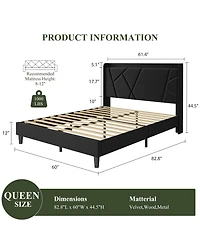 Bed Frame with Storage Headboard and Charging Station | Wingback Velvet Upholstered Platform Bed Frame, Solid Wood Slats Support