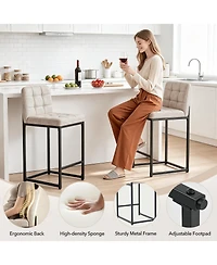 Set of 2 Modern Counter Height Bar Stools, Faux Leather Upholstered Stools with Backrest and Footrest, Armless Design and Metal Legs for Kitchen
